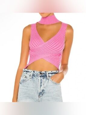 Superdown Pink Ribbed Wrap Crop Top with Choker Neck - Size XS